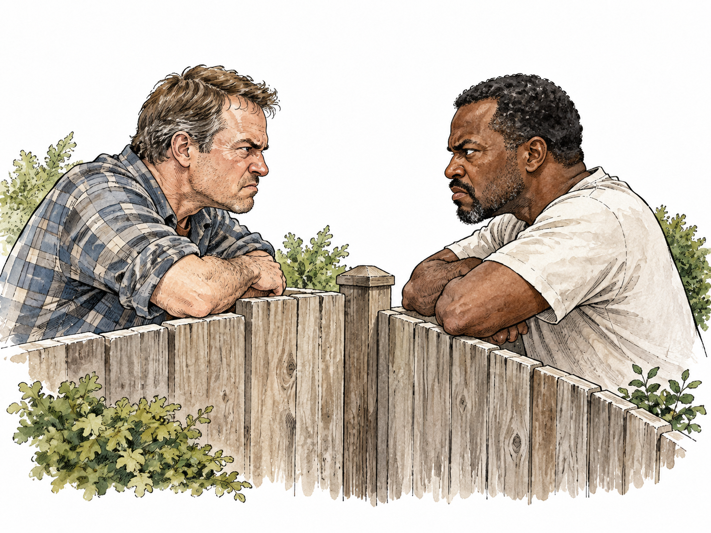 Two neighboring white and Black adult men glaring over a dividing fence, mutual enduring hostility, no weapons.