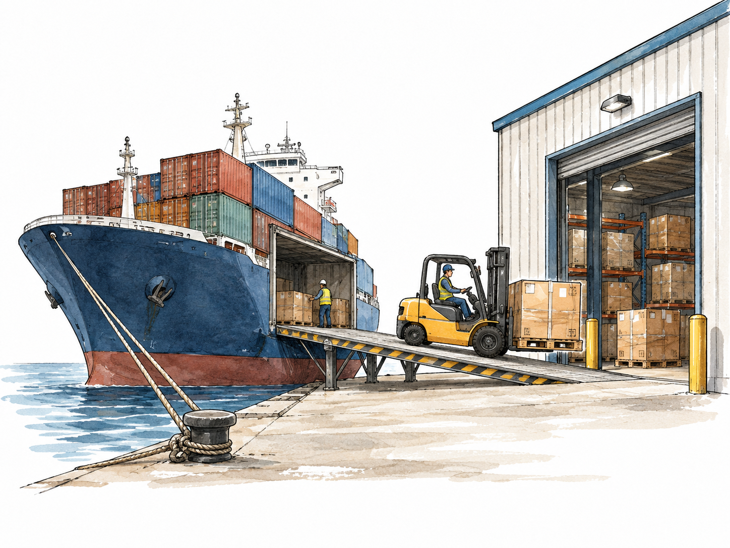 Cargo boxes enter a warehouse from a foreign freighter.