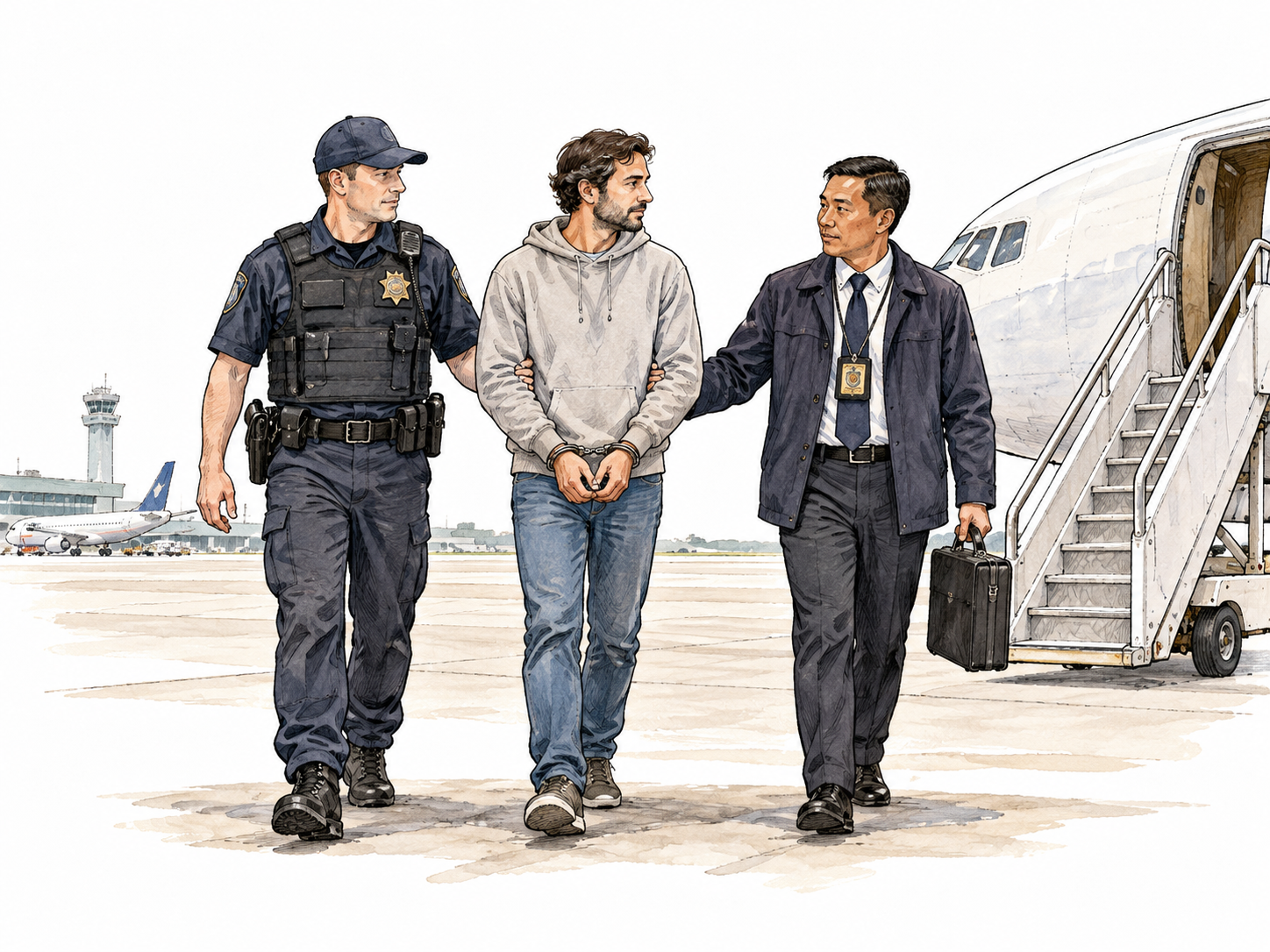 Two neutrally depicted officials from different jurisdictions supervise a calmly clothed detainee's transfer at an airport, no force.