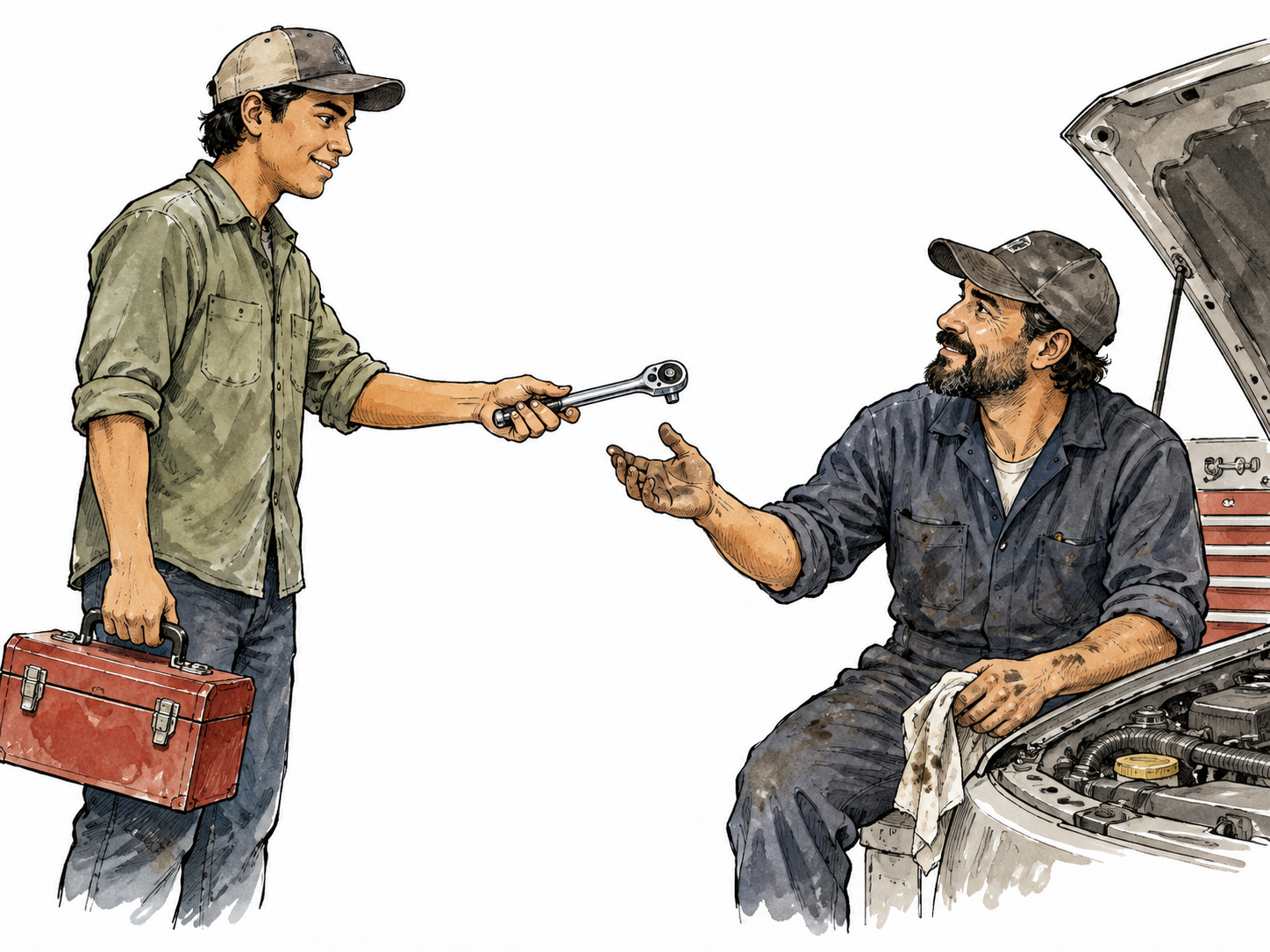 Latino assistant delivers a requested specialized tool to a mechanic.