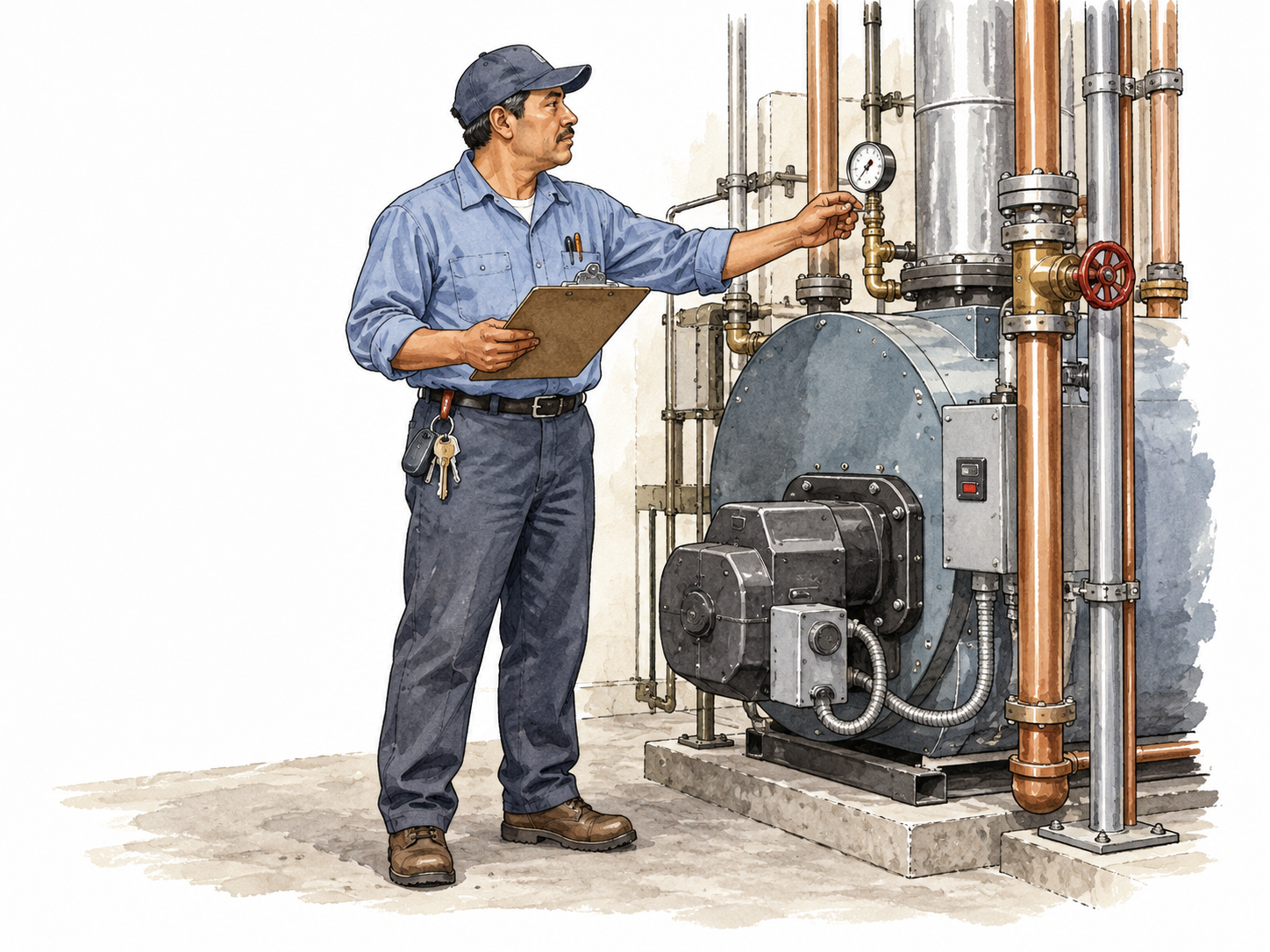 A Latino building superintendent checks a boiler room with keys and clipboard.