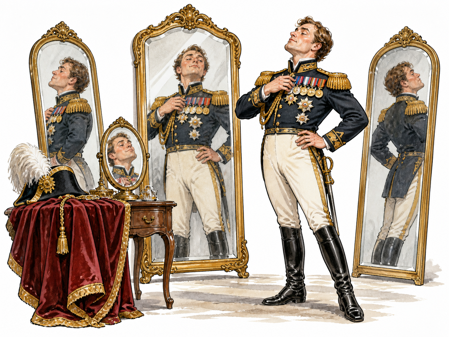 A vain white man admiring his medal-covered reflection while posing grandly before several mirrors.