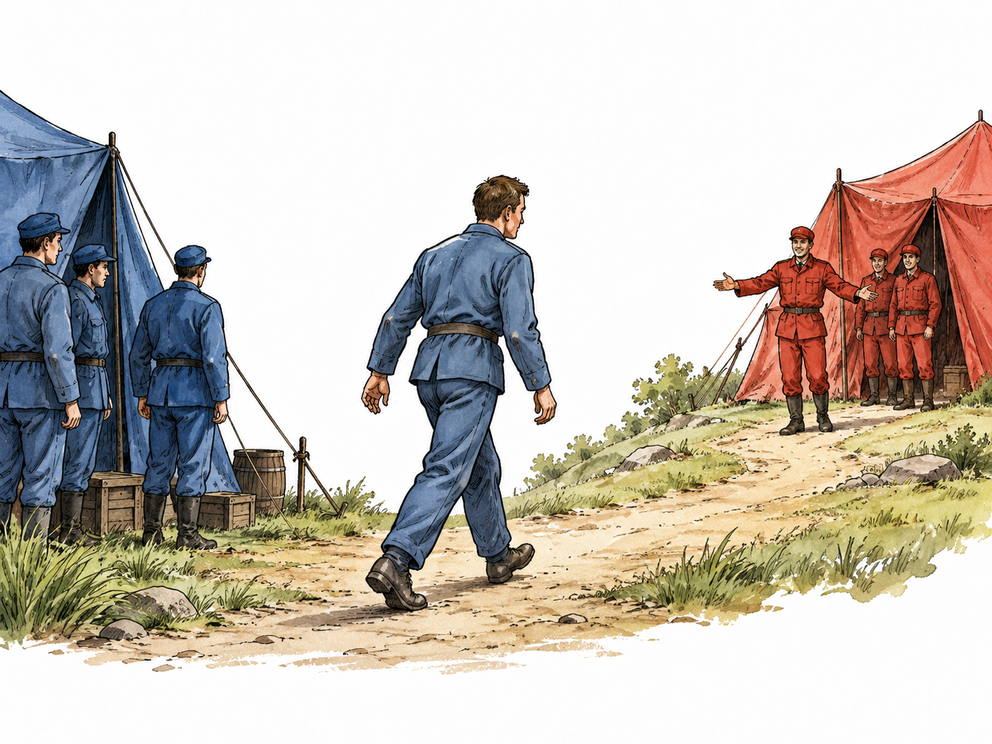 An adult in a plain blue uniform leaving a blue group's camp to join a distant red group's camp, hands empty, allegiance change, no flags.