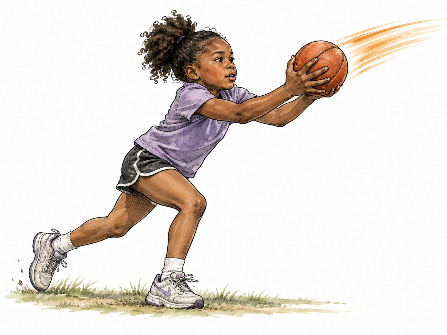 A Black girl catching a ball securely in two hands, realistic ball in motion.