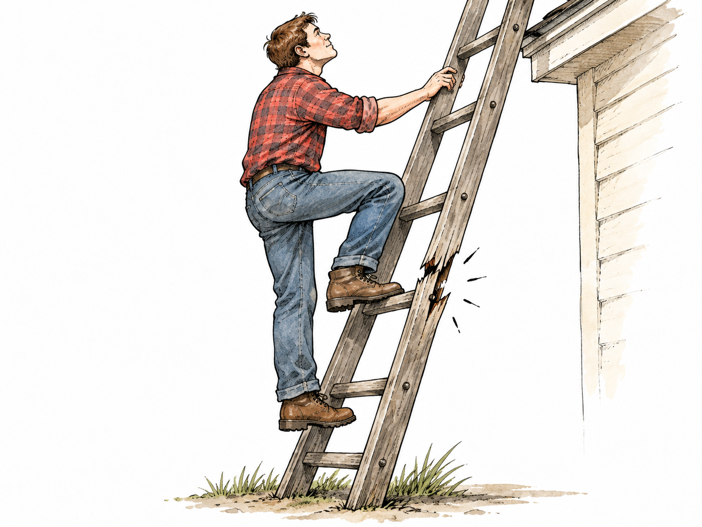 White man steps onto a visibly cracked ladder ignoring its weakness.