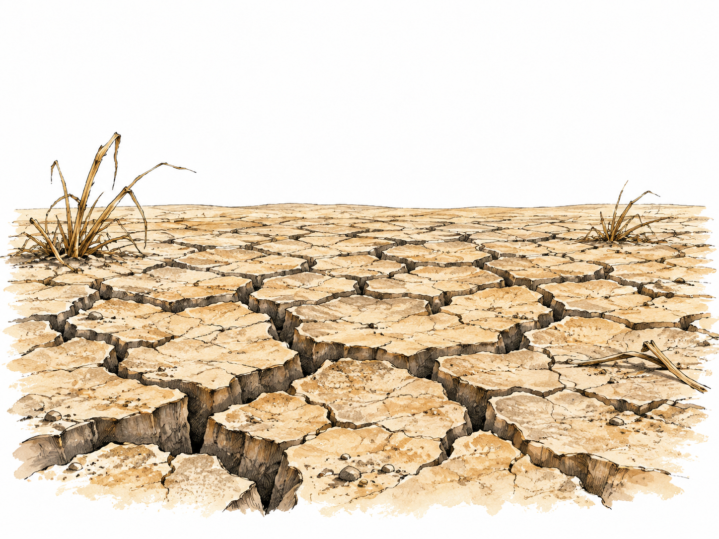 Deep polygonal cracks in extremely dry earth.