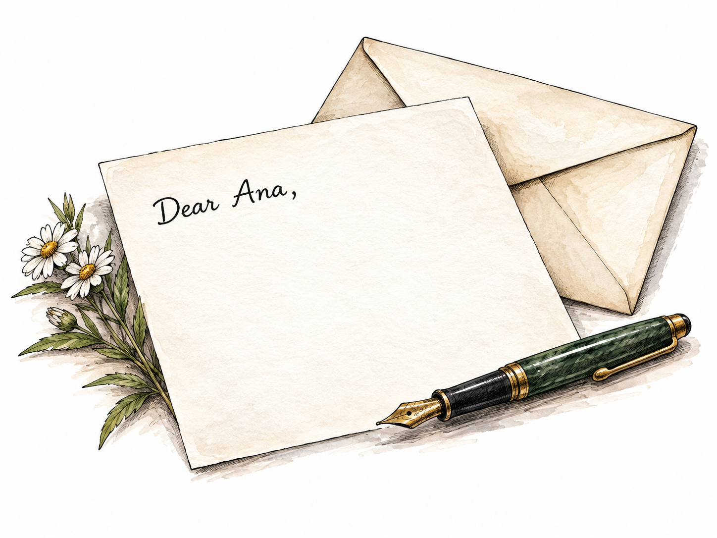 A letter opening with exact short words 'Dear Ana,' beside an envelope, a greeting at the beginning, no other readable text.