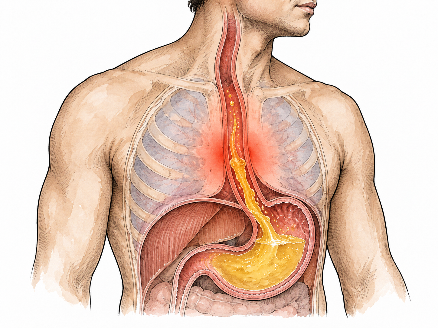 A clean medical side cutaway of upper torso showing acid rising from stomach into esophagus, small warm red glow at lower chest, no flames or heart damage.