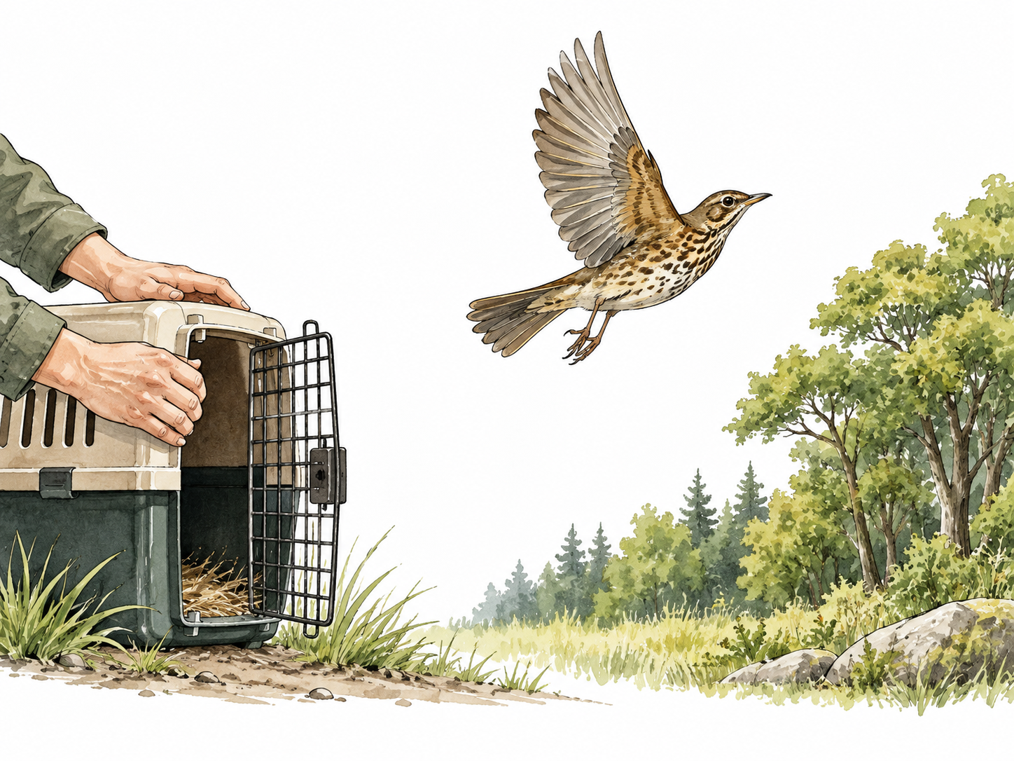 Hands open a bird carrier and a recovered bird flies toward trees.