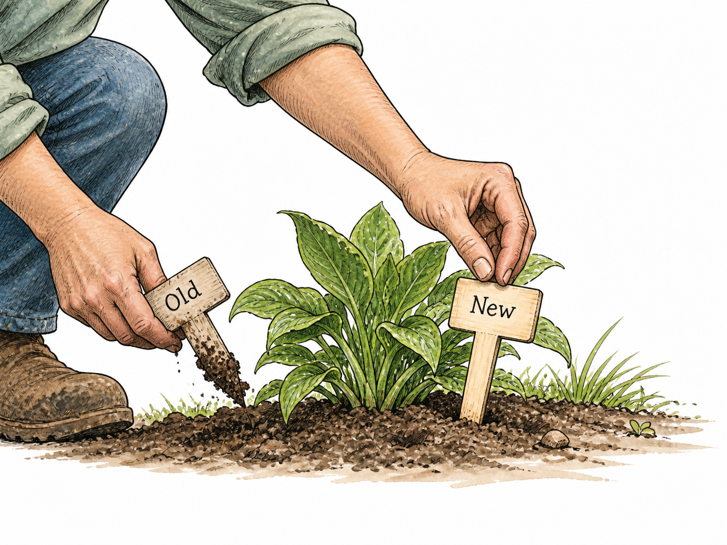 A gardener replacing a plant marker reading 'Old' with one reading 'New', clear act of renaming, no other text.