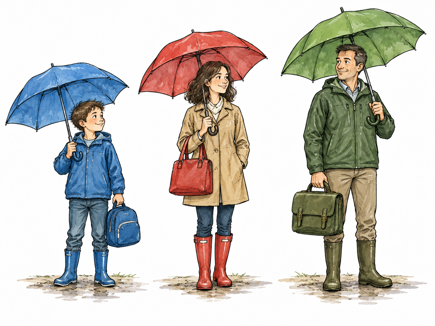Three people each hold their own differently colored matching umbrella and bag, separate ownership.