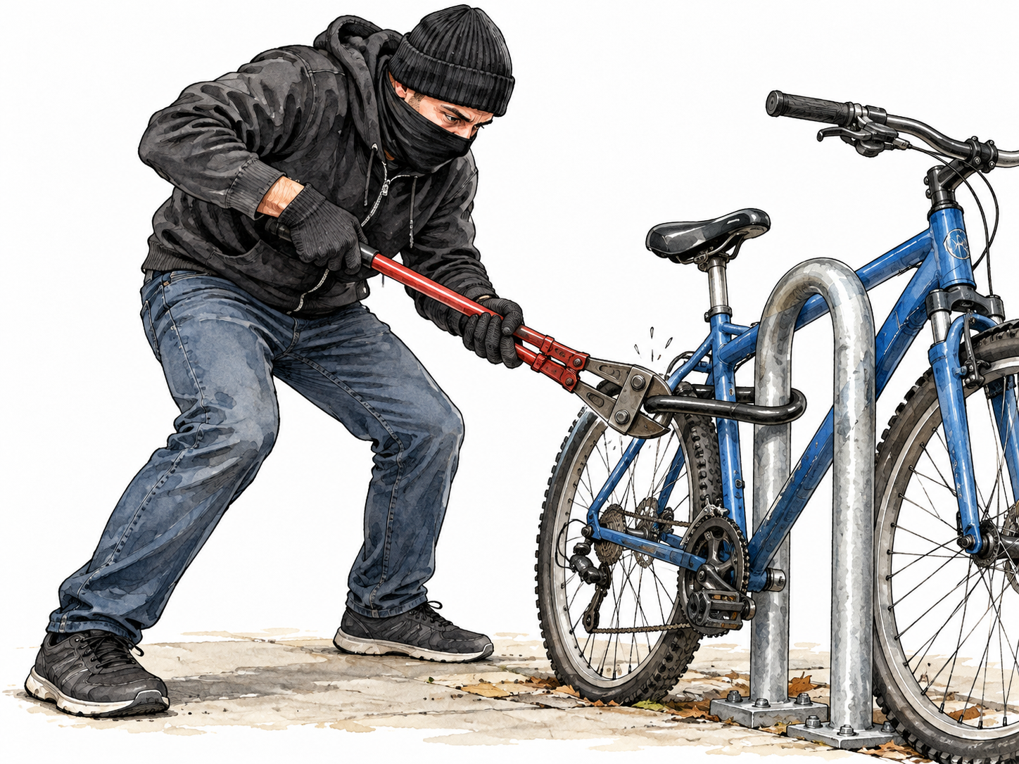 Burglar breaks lock on bicycle, clear illegal act.