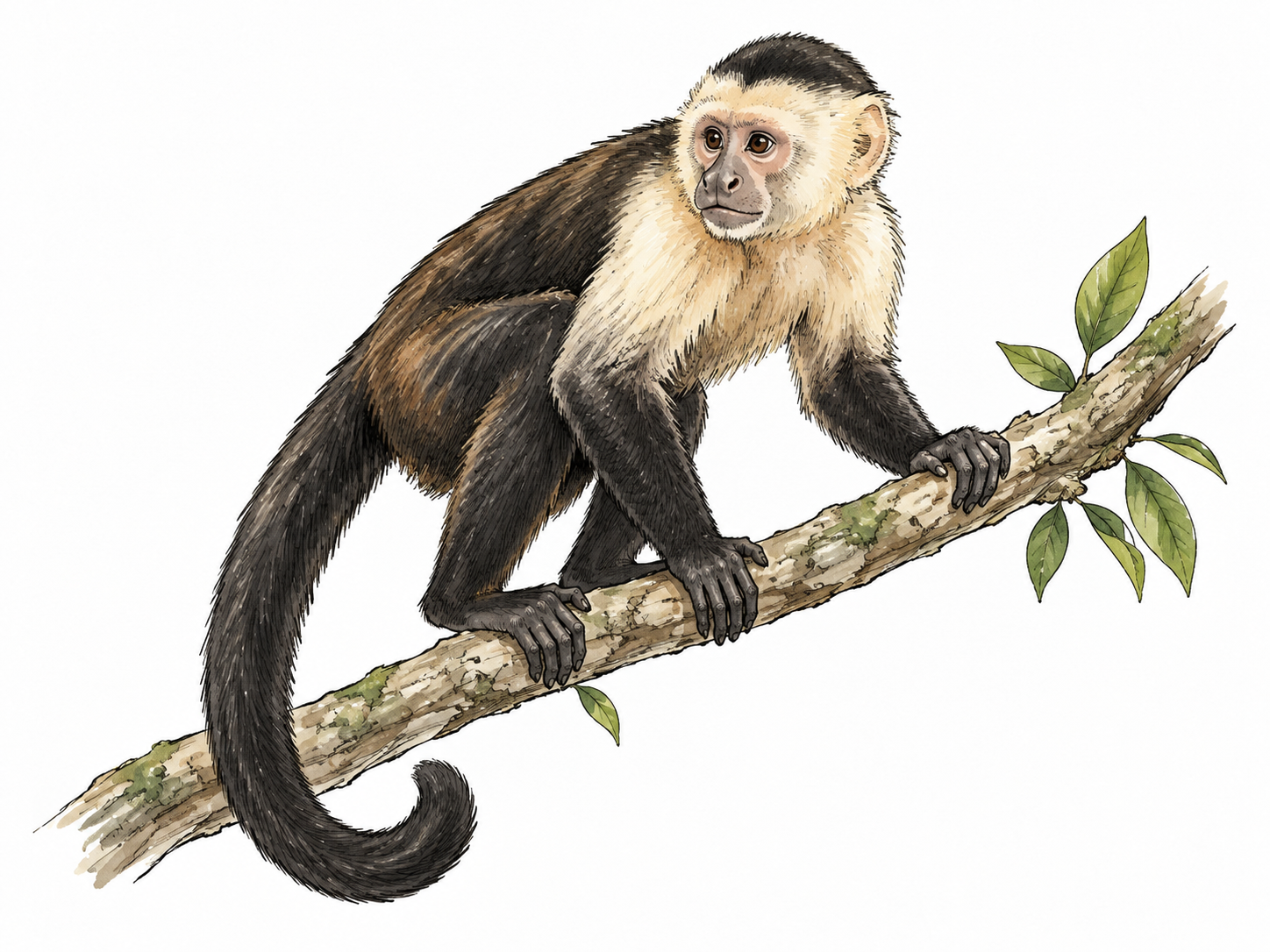 A realistic capuchin monkey perched on a branch, clear grasping hands.