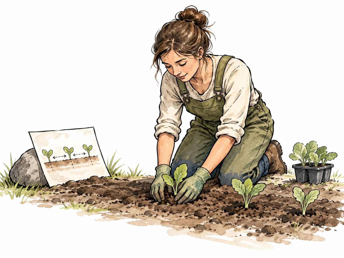 A gardening student applies a diagram's planting method in real soil.