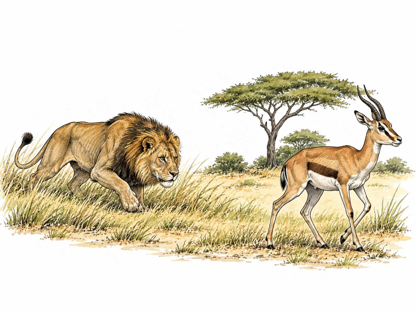 Lion stalks antelope in savanna, no gore.