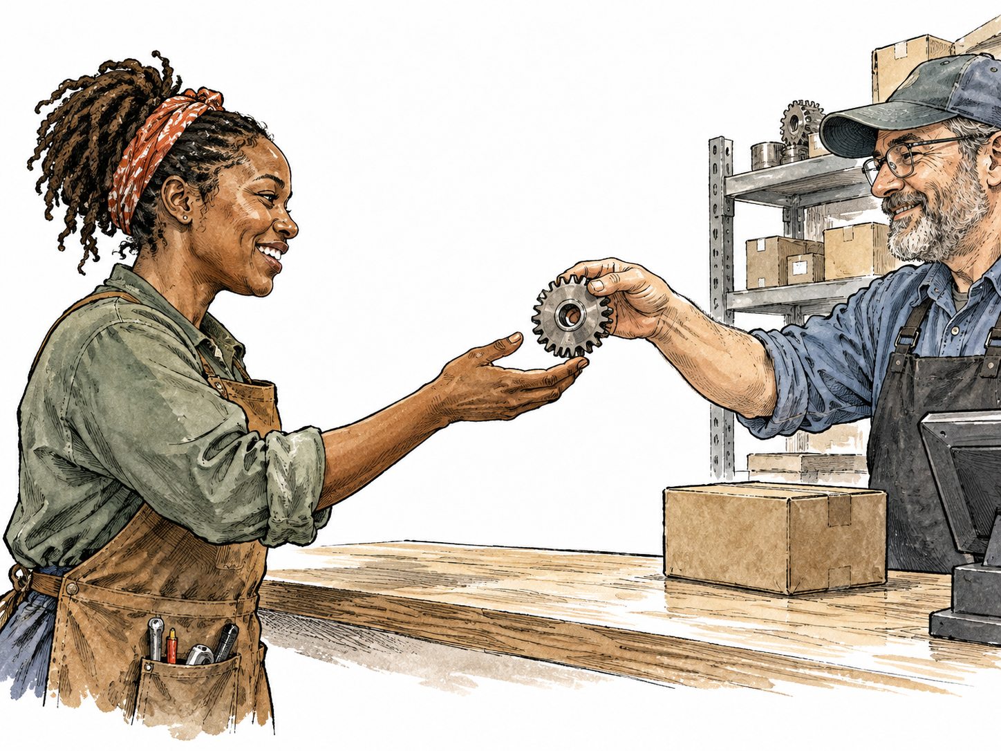 Black craftsperson finally obtains a rare replacement gear from a supplier.