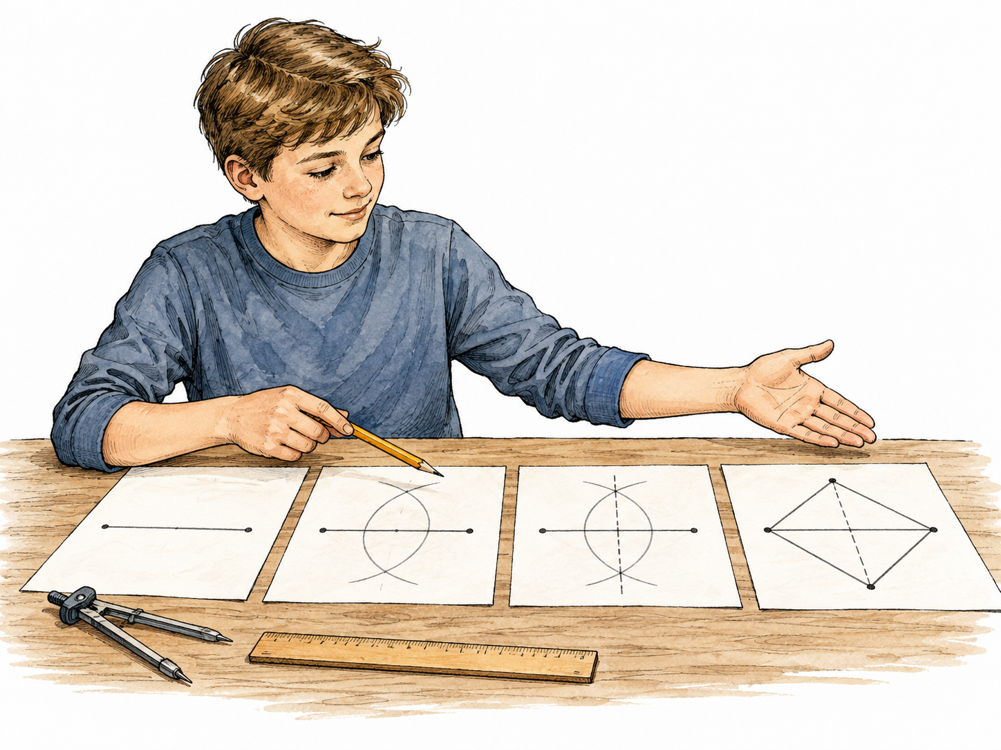 A white student shows the steps of a geometric construction to support a conclusion, no letters.