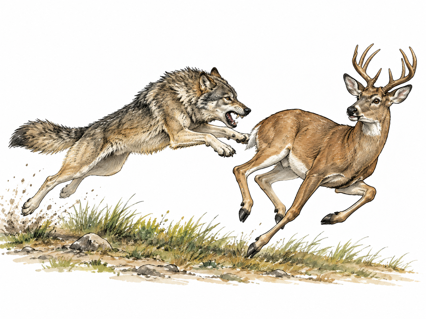 Wolf lunges aggressively at deer, no gore.