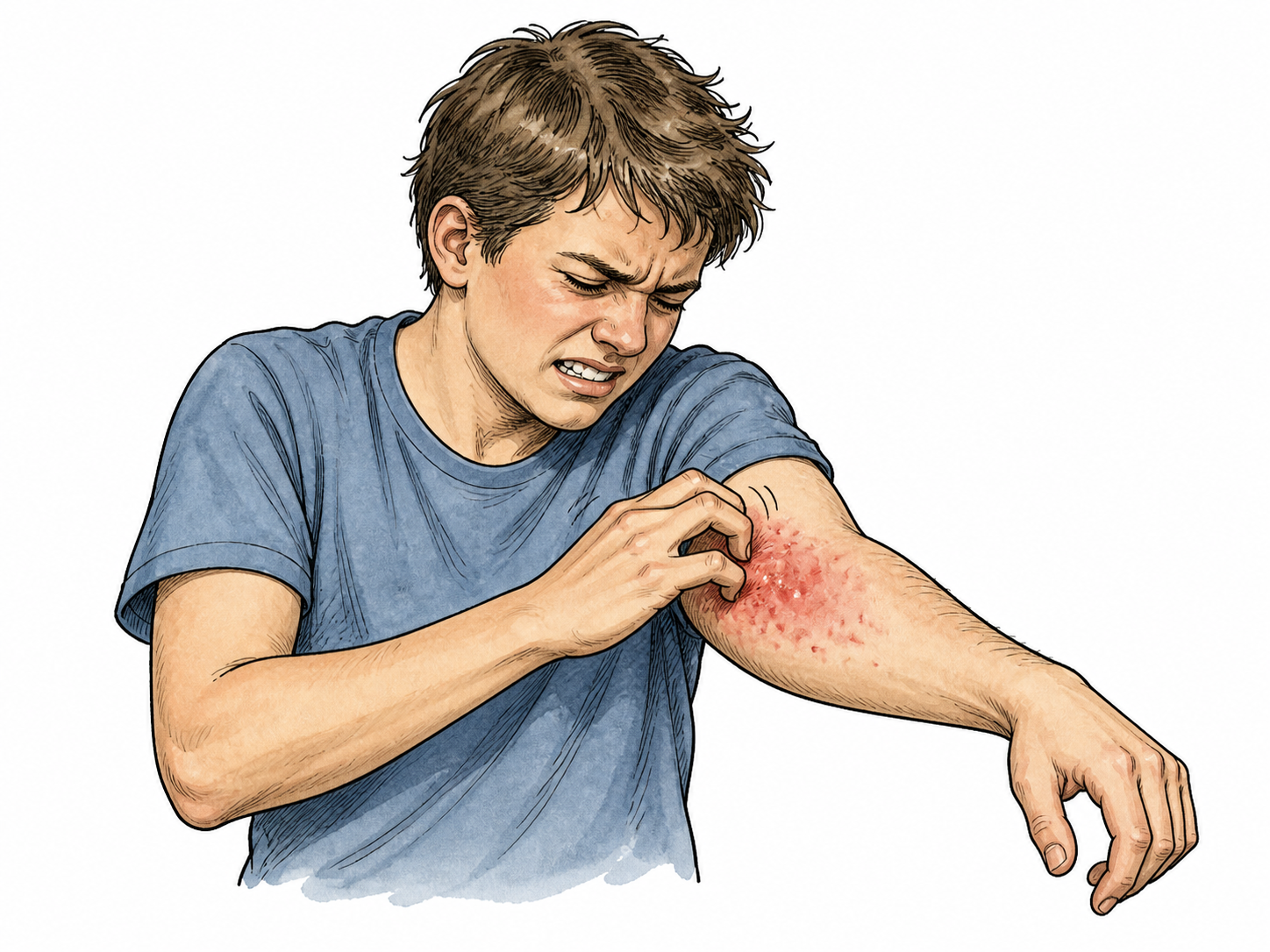 Scratching irritated skin worsens redness, restrained medical portrayal.