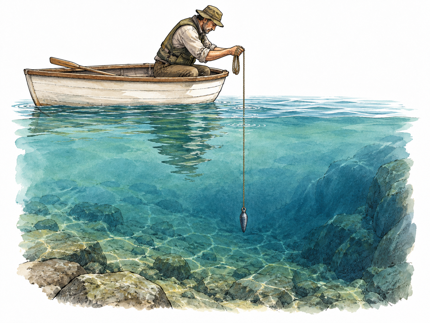 A weighted sounding line descending into deep clear water from a small boat, measuring depth.