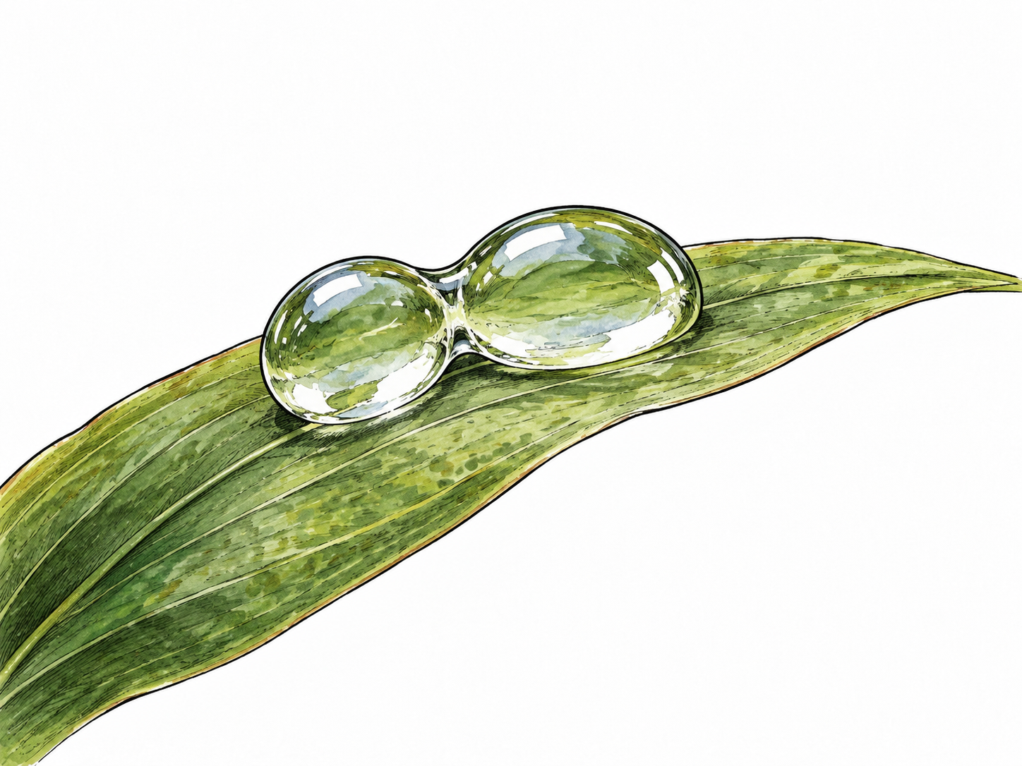 Two clear water droplets merging into one larger bead on a leaf, clean single close scene.