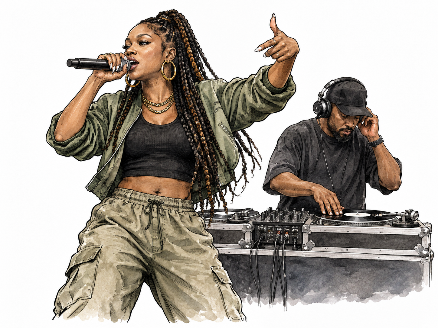 Black woman rapper performs confidently with DJ.