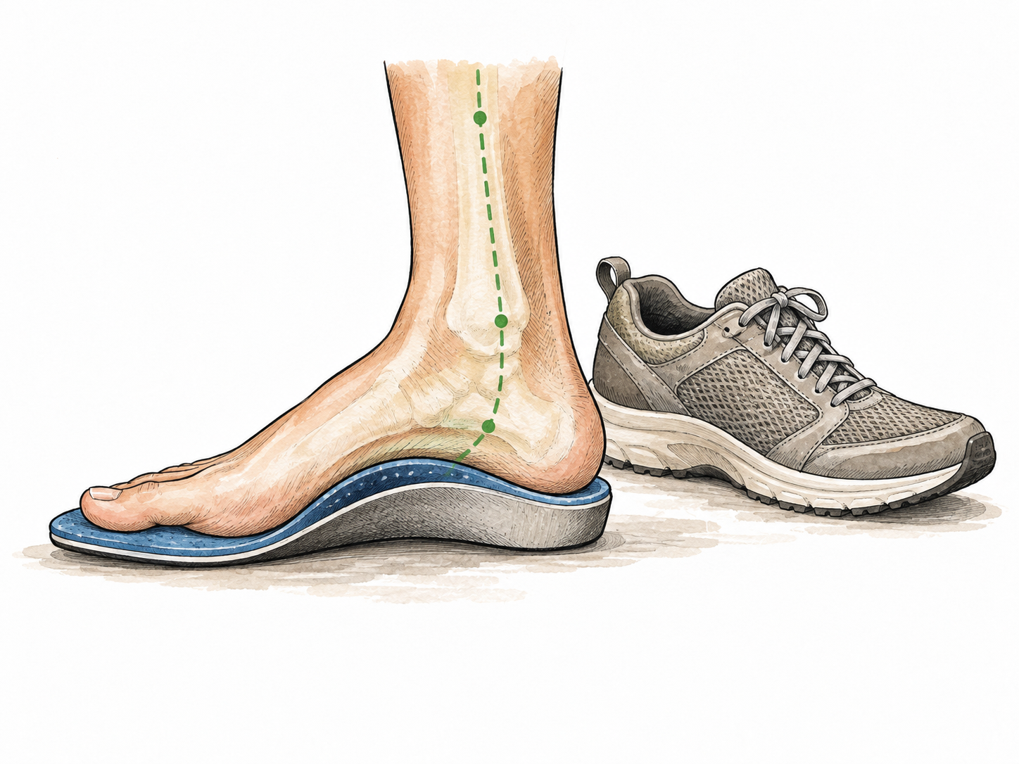 An orthotic insole beside a shoe supports a properly aligned foot model.