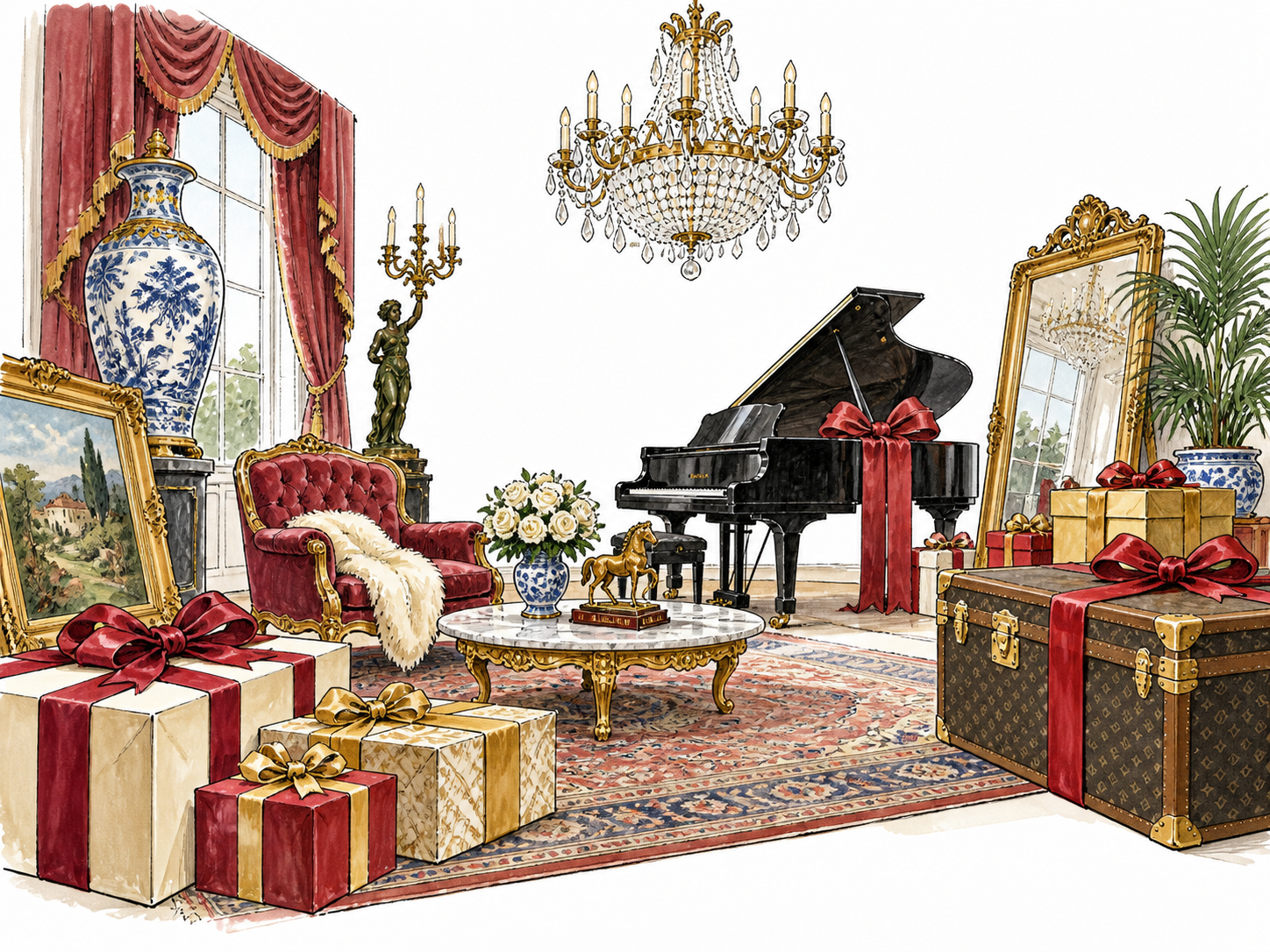 A lavish unused room crowded with expensive decorative purchases and oversized gifts.