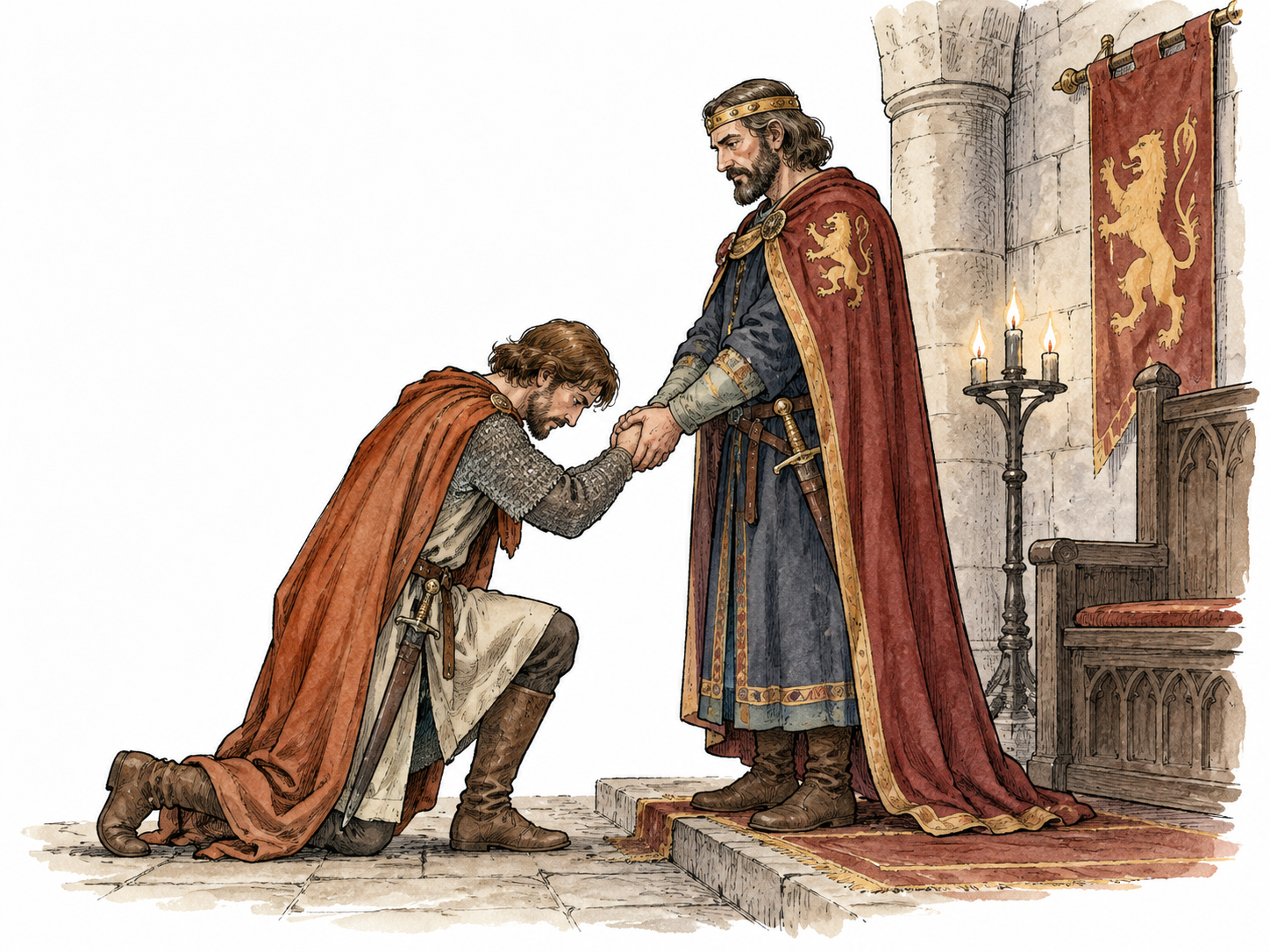 A medieval vassal pledging loyalty with hands joined before a lord in a modest stone hall, European historical dress.