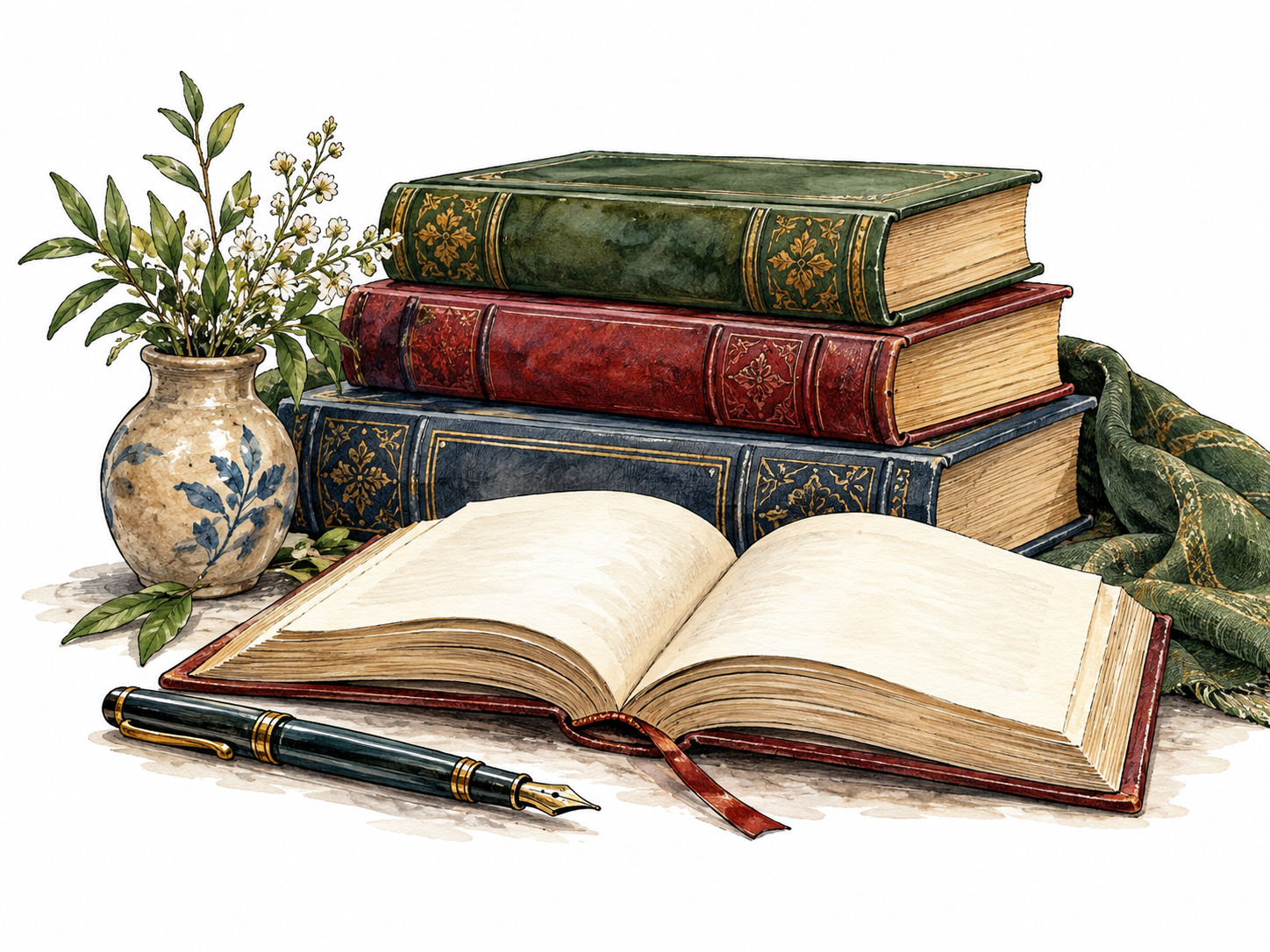 An inviting stack of poetry, drama and prose volumes, one open book and pen; unmarked spines, rich binding textures.