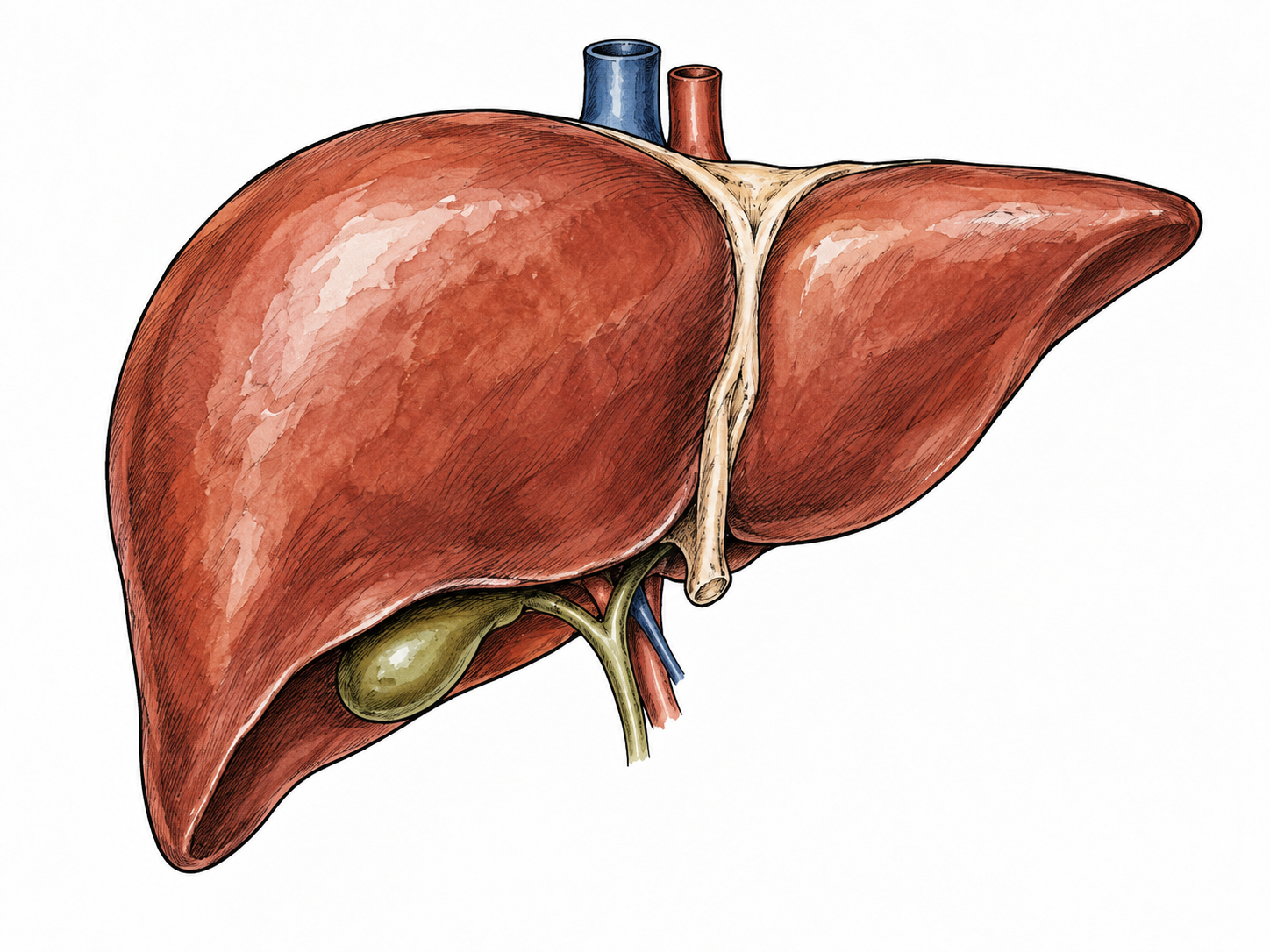 Anatomically accurate human liver model in reddish brown, non-graphic organ illustration.