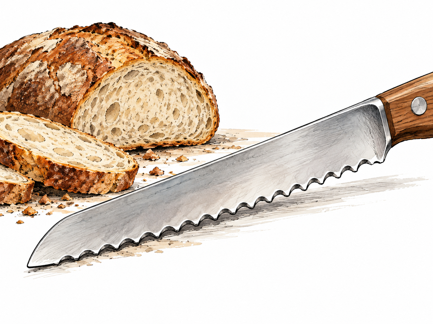 Close view of a serrated bread knife with distinct repeated teeth beside a cut loaf, edge focal.
