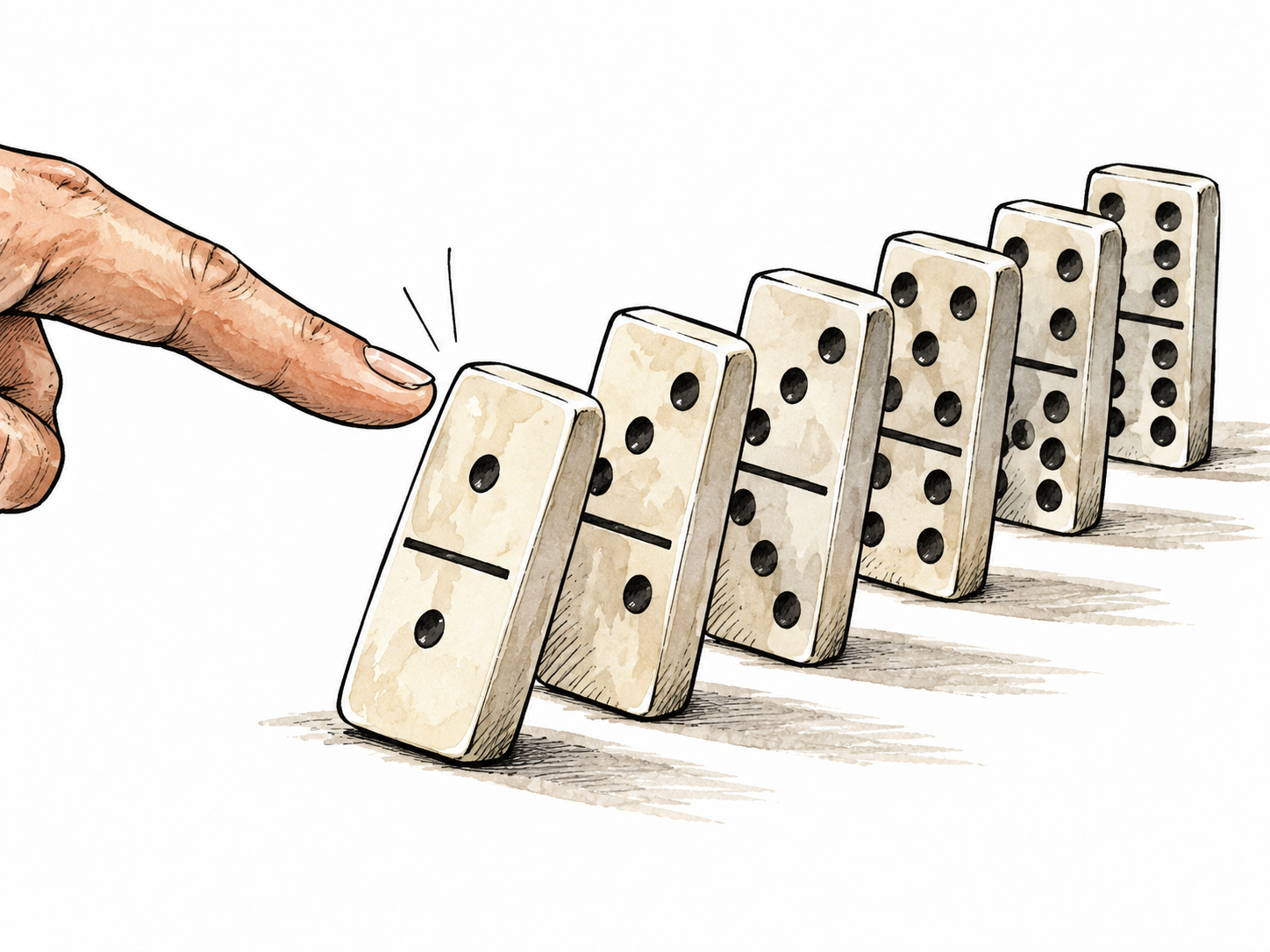 First falling domino is poised to trigger the next several, consequence.