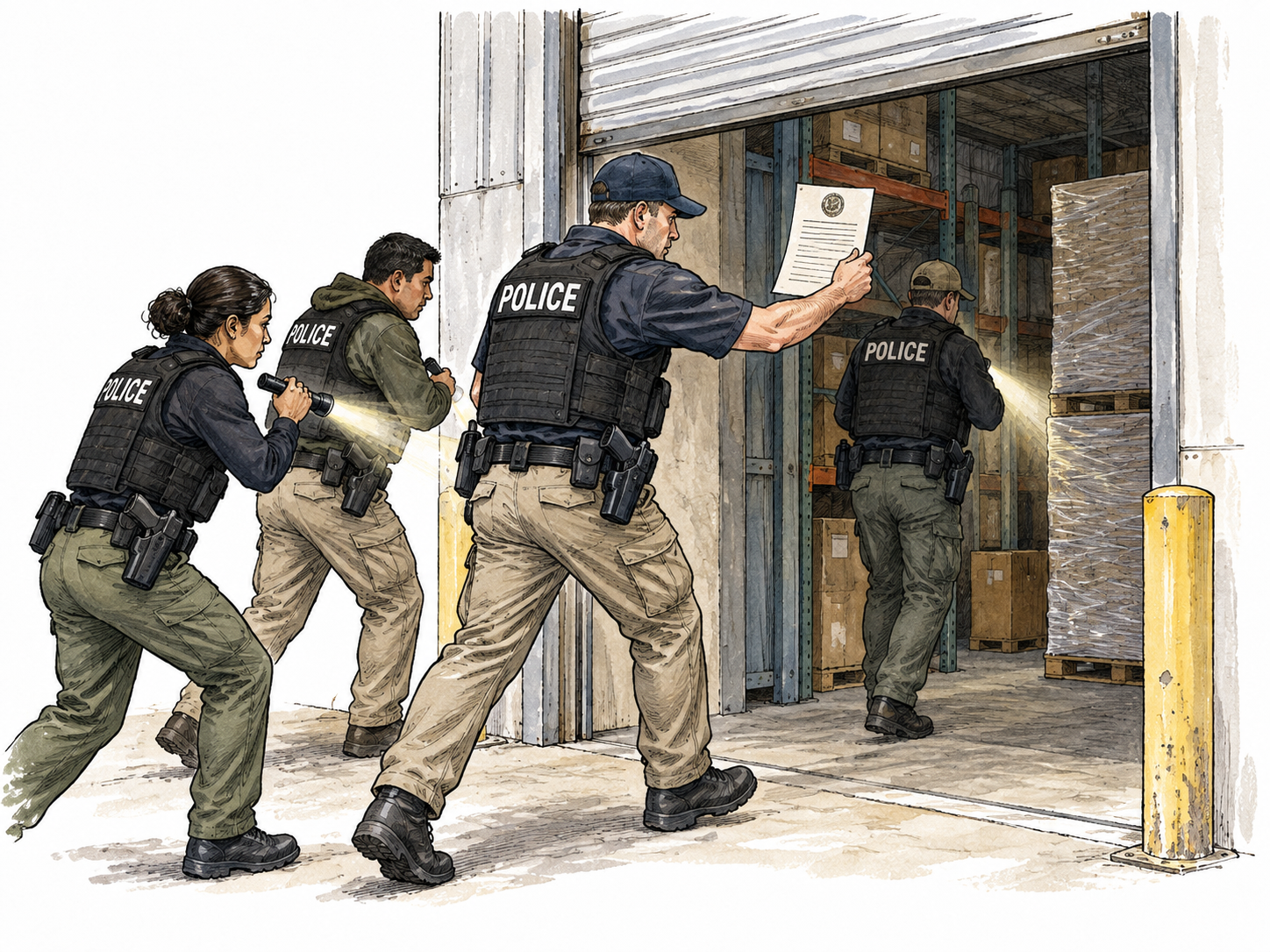 A coordinated police search team entering a warehouse with a search document and flashlights, white and Latino adults, no gunfire or injury.