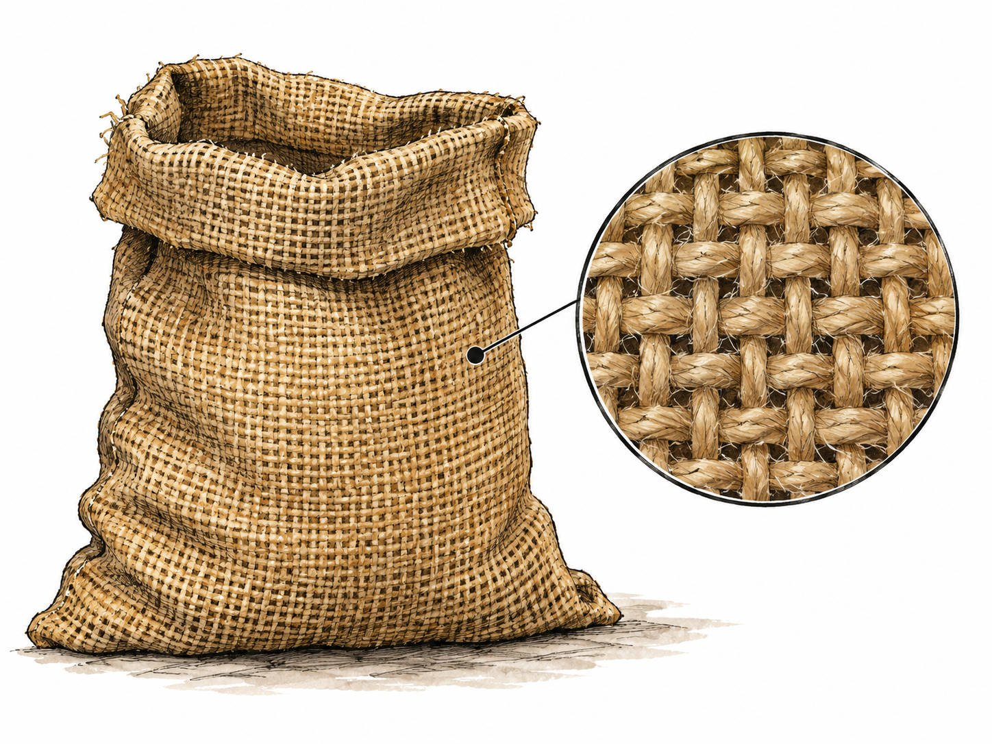 Coarse brown burlap sack and close woven texture.