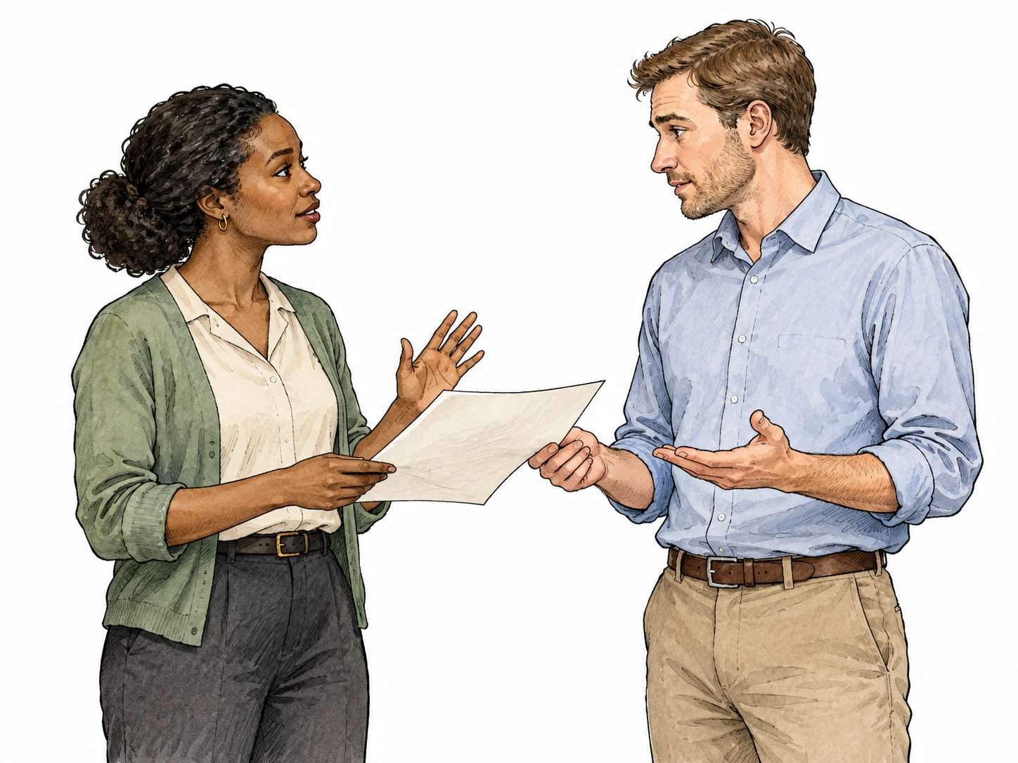 A Black woman and white man politely greet each other while disagreeing over an unmarked document.