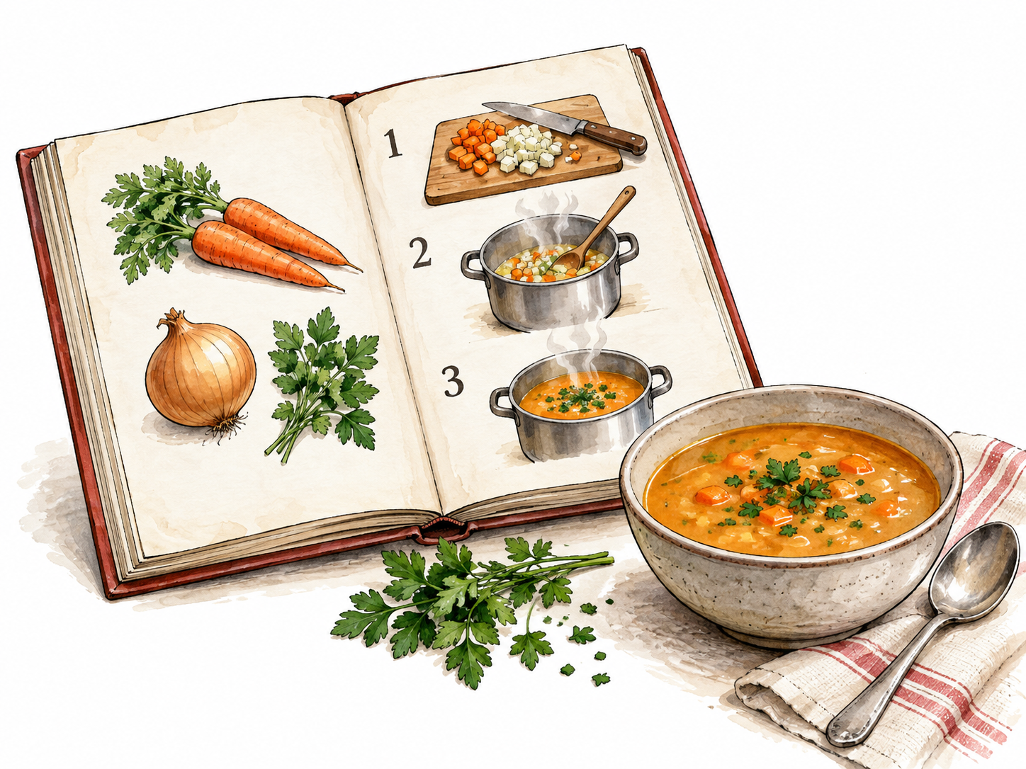 Open cooking recipe notebook showing three simple ingredient pictures and numbered steps 1 2 3 beside prepared soup, no other text.