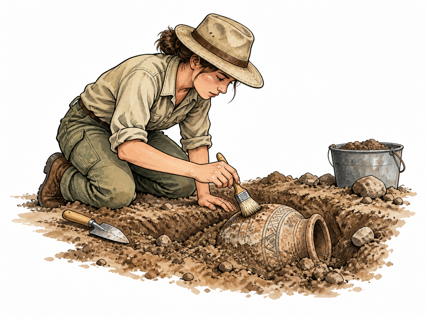 Archaeologist brushes soil off buried artifact.