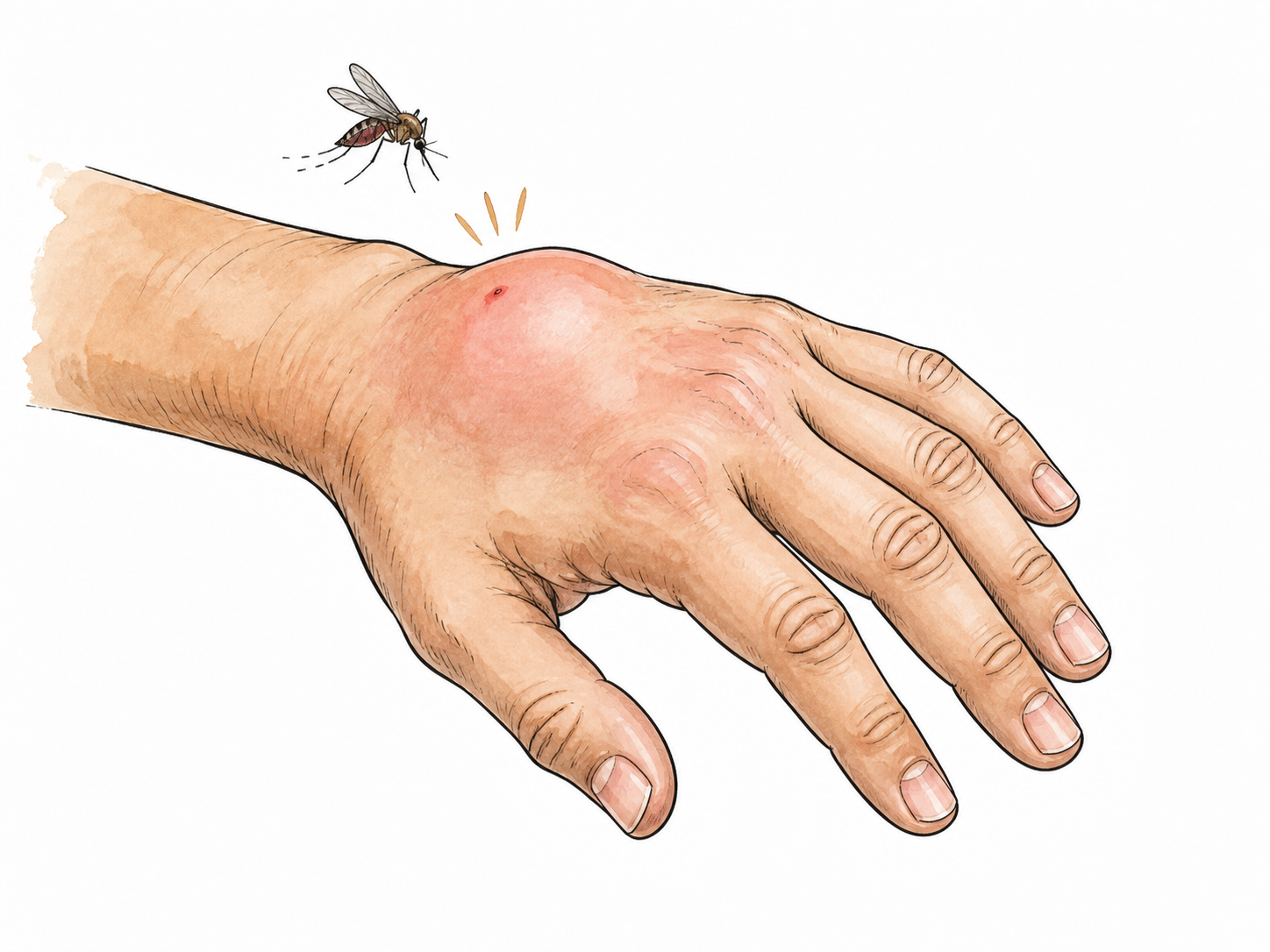 A mildly swollen hand after an insect bite, clean non-graphic medical context.