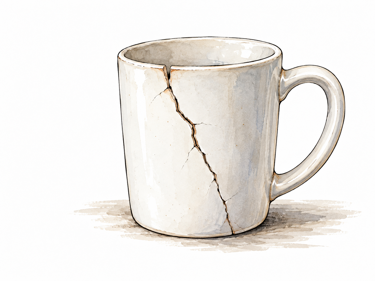 A large clear crack in a white ceramic mug is unmistakably visible.