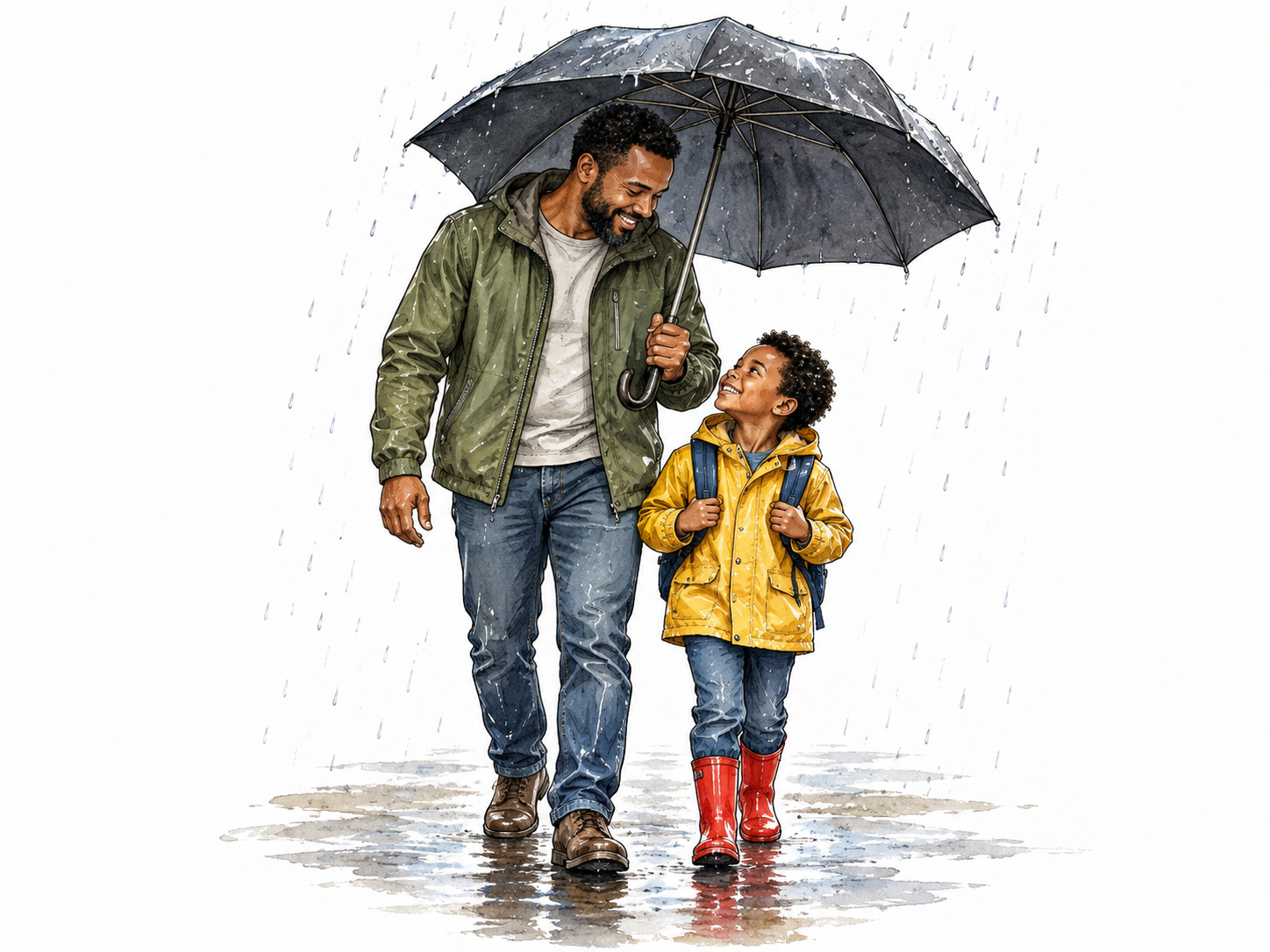 Black father and child shelter under rain umbrella.