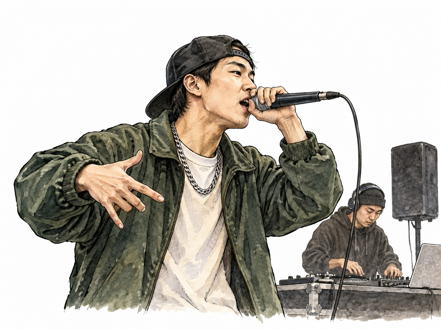 East Asian rapper delivers rhythmic lyrics to microphone over beat.