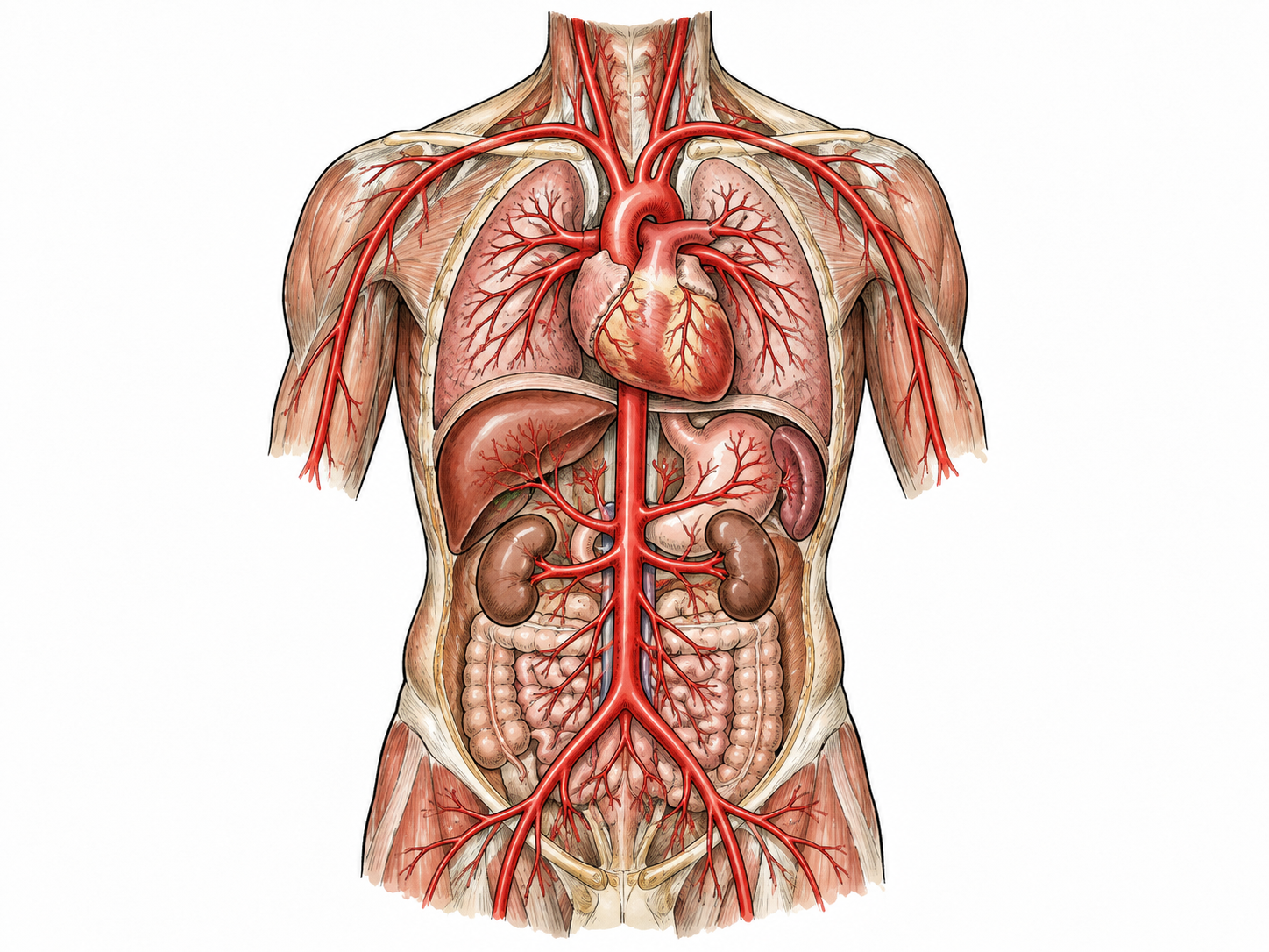 Anatomical torso teaching model emphasizing red arteries branching from the heart toward organs, no veins highlighted, no labels.