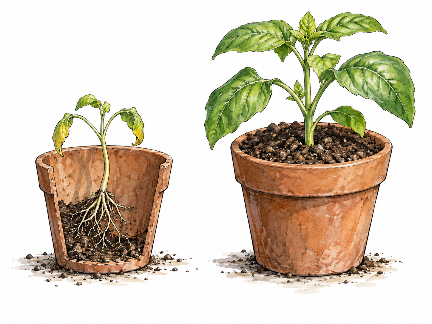 A seedling in a pot with very little soil, roots exposed and weak growth beside a robust plant in full soil.