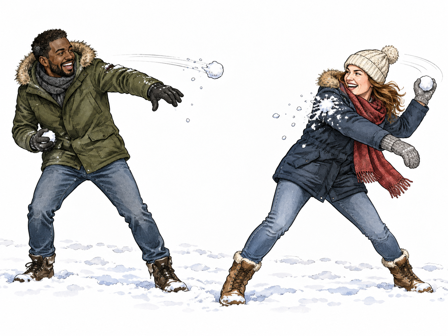 Two adults in winter coats exchange snowballs: white woman with fresh snow splatter on sleeve throws a snowball back at the Black man who just threw one at her.