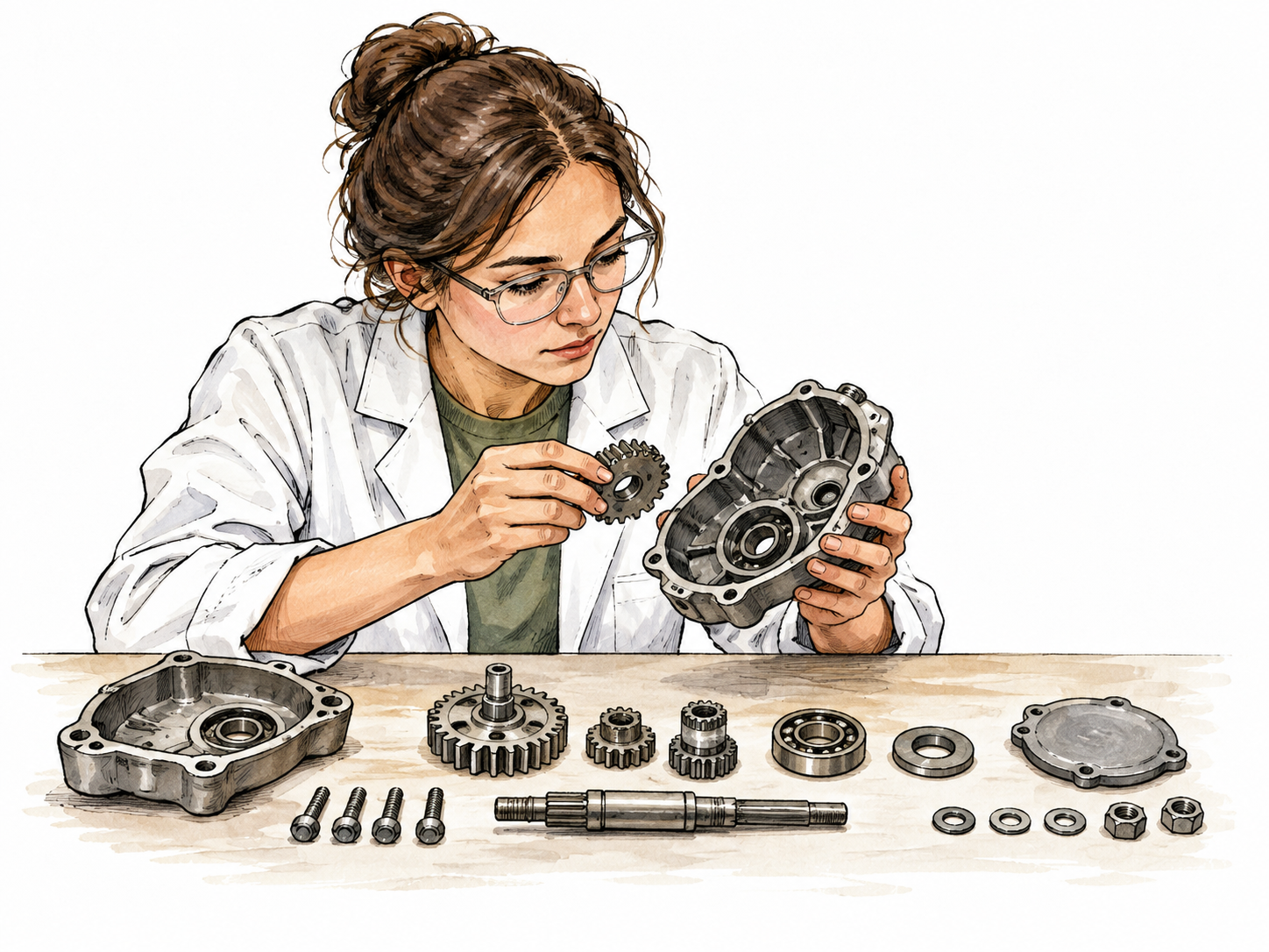 A researcher separates a mechanical model into organized components to understand its structure.