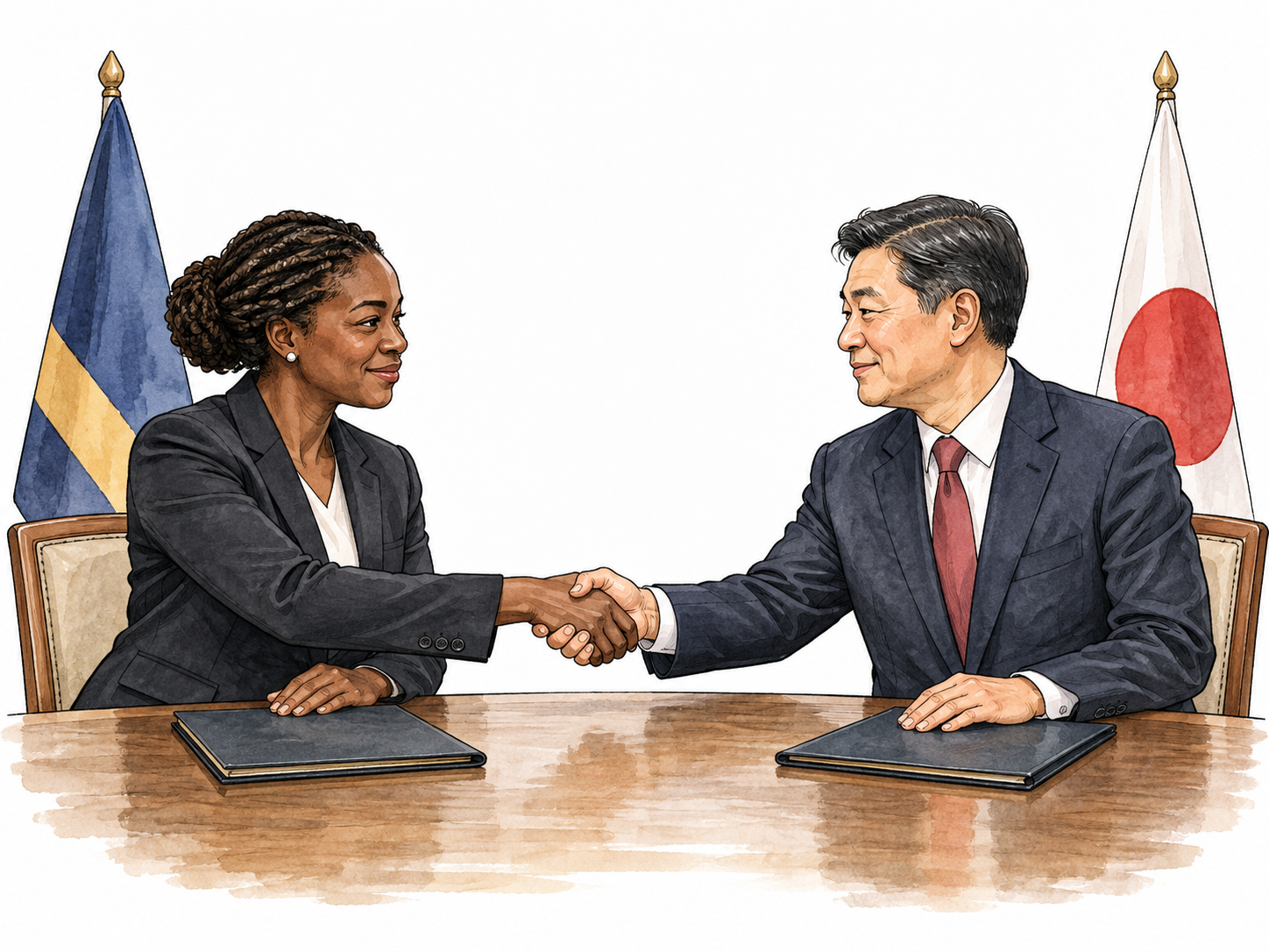 Two diplomats, a Black woman and East Asian man, shake hands across a table with unmarked folders.