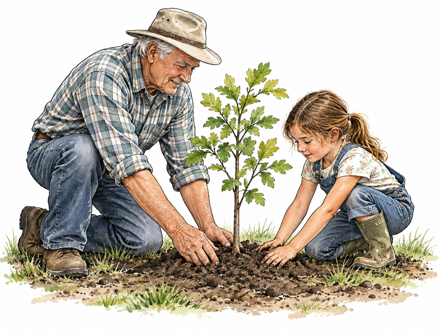 Grandparent plants tree with grandchild for future generations.