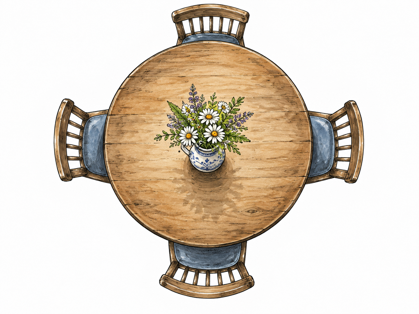 A circular table viewed above with a vase precisely in the middle.
