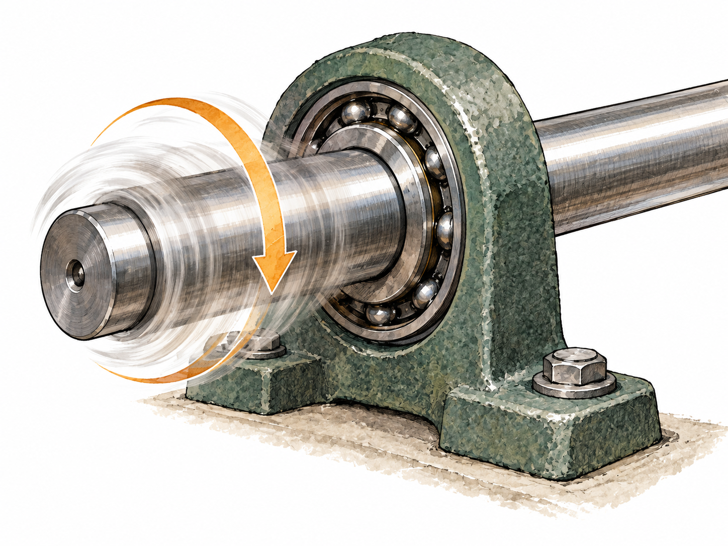 Close rotary machine shaft spinning around fixed axle.